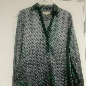 Etcetera Top Collar V Neck Shirt Long Slv Black  White Silver Side Slits Sz 2